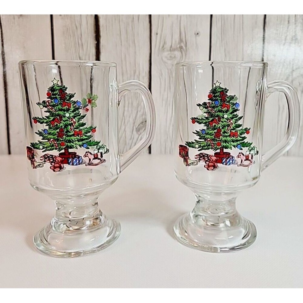 Luminarc Vintage Christmas Tree & Holly Glass Mugs Set Of 2 | Holiday Hostess